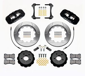 Wilwood AERO6 Big Brake Front Brake Kit Parts Laid Out - Black Powder Coat Caliper - GT Slotted Rotor