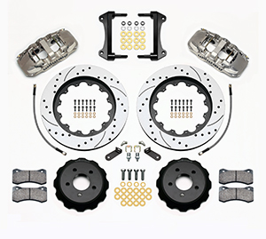 Wilwood AERO6 Big Brake Front Brake Kit Parts Laid Out - Nickel Plate Caliper - SRP Drilled & Slotted Rotor