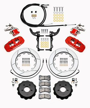 Wilwood AERO4-MC4 Big Brake Rear Parking Brake Kit Parts Laid Out - Red Powder Coat Caliper - GT Slotted Rotor