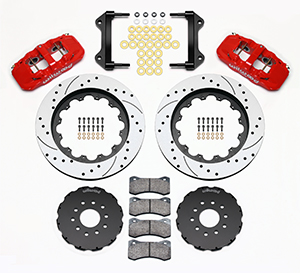 Wilwood AERO6 Big Brake Front Brake Kit Parts Laid Out - Red Powder Coat Caliper - SRP Drilled & Slotted Rotor