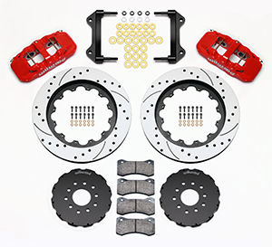 Wilwood AERO6 Big Brake Front Brake Kit Parts Laid Out - Red Powder Coat Caliper - SRP Drilled & Slotted Rotor