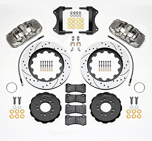 Wilwood AERO6 Big Brake Front Brake Kit Parts Laid Out - Nickel Plate Caliper - SRP Drilled & Slotted Rotor
