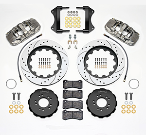 Wilwood AERO6 Big Brake Front Brake Kit Parts Laid Out - Nickel Plate Caliper - SRP Drilled & Slotted Rotor