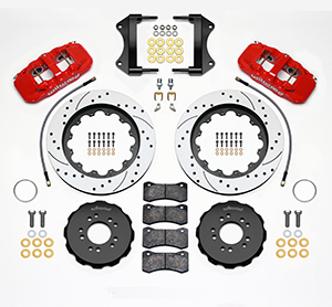 Wilwood AERO6 Big Brake Front Brake Kit Parts Laid Out - Red Powder Coat Caliper - SRP Drilled & Slotted Rotor