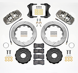 Wilwood AERO6 Big Brake Front Brake Kit Parts Laid Out - Nickel Plate Caliper - GT Slotted Rotor