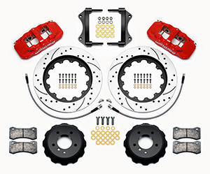 Wilwood AERO6 Big Brake Front Brake Kit Parts Laid Out - Red Powder Coat Caliper - SRP Drilled & Slotted Rotor