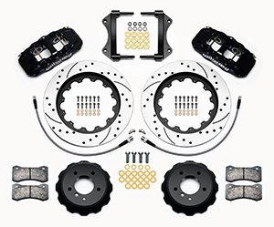 Wilwood AERO6 Big Brake Front Brake Kit Parts Laid Out - Black Powder Coat Caliper - SRP Drilled & Slotted Rotor