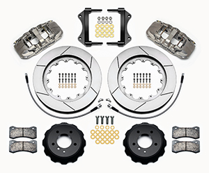 Wilwood AERO6 Big Brake Front Brake Kit Parts Laid Out - Nickel Plate Caliper - GT Slotted Rotor