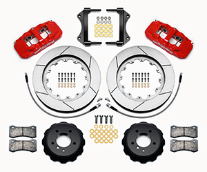 Wilwood AERO6 Big Brake Front Brake Kit Parts Laid Out - Red Powder Coat Caliper - GT Slotted Rotor