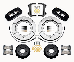 Wilwood AERO6 Big Brake Front Brake Kit Parts Laid Out - Black Powder Coat Caliper - GT Slotted Rotor