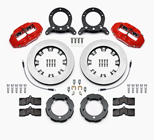 Wilwood D8-4 Truck Front Brake Kit Parts Laid Out - Red Powder Coat Caliper - Plain Face Rotor