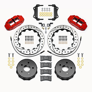 Wilwood Forged Narrow Superlite 4R Big Brake Rear Brake Kit For OE Parking Brake Parts Laid Out - Red Powder Coat Caliper - SRP Drilled & Slotted Rotor