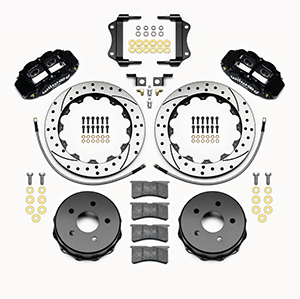 Wilwood Forged Narrow Superlite 4R Big Brake Rear Brake Kit For OE Parking Brake Parts Laid Out - Black Powder Coat Caliper - SRP Drilled & Slotted Rotor