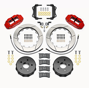 Wilwood Forged Narrow Superlite 4R Big Brake Rear Brake Kit For OE Parking Brake Parts Laid Out - Red Powder Coat Caliper - GT Slotted Rotor