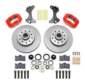 Wilwood Classic Series Dynalite Front Brake Kit Parts Laid Out - Red Powder Coat Caliper - Plain Face Rotor