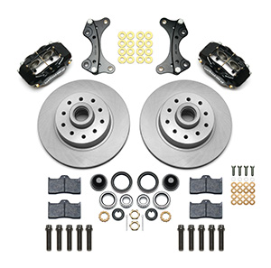 Wilwood Classic Series Dynalite Front Brake Kit Parts Laid Out - Black Powder Coat Caliper - Plain Face Rotor