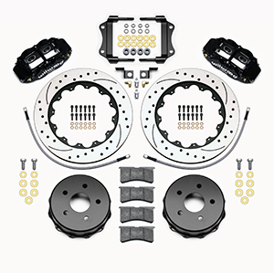 Wilwood Forged Narrow Superlite 4R Big Brake Rear Brake Kit For OE Parking Brake Parts Laid Out - Black Powder Coat Caliper - SRP Drilled & Slotted Rotor