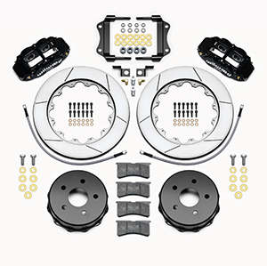 Wilwood Forged Narrow Superlite 4R Big Brake Rear Brake Kit For OE Parking Brake Parts Laid Out - Black Powder Coat Caliper - GT Slotted Rotor