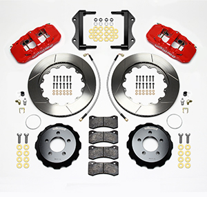 Wilwood AERO6 Big Brake Front Brake Kit Parts Laid Out - Red Powder Coat Caliper - GT Slotted Rotor