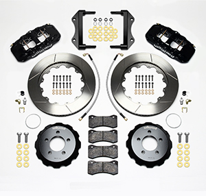 Wilwood AERO6 Big Brake Front Brake Kit Parts Laid Out - Black Powder Coat Caliper - GT Slotted Rotor