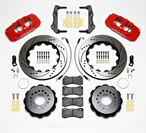 Wilwood AERO4 Big Brake Rear Brake Kit For OE Parking Brake Parts Laid Out - Red Powder Coat Caliper - SRP Drilled & Slotted Rotor