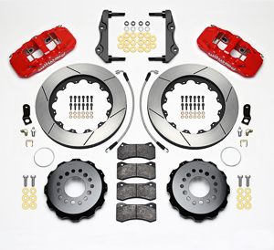 Wilwood AERO4 Big Brake Rear Brake Kit For OE Parking Brake Parts Laid Out - Red Powder Coat Caliper - GT Slotted Rotor