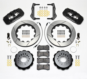 Wilwood AERO4 Big Brake Rear Brake Kit For OE Parking Brake Parts Laid Out - Black Powder Coat Caliper - GT Slotted Rotor