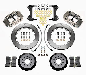 Wilwood Forged Superlite 4R Big Brake Front Brake Kit (Race) Parts Laid Out - Nickel Plate Caliper - GT Slotted Rotor