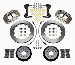 Wilwood Forged Superlite 4R Big Brake Front Brake Kit (Race) Parts Laid Out - Nickel Plate Caliper - Plain Face Rotor