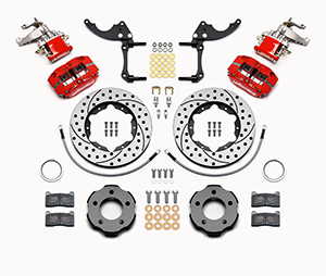 Wilwood Dynapro Radial-MC4 Rear Parking Brake Kit Parts Laid Out - Red Powder Coat Caliper - SRP Drilled & Slotted Rotor