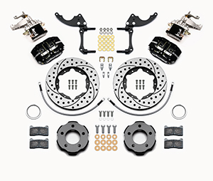 Wilwood Dynapro Radial-MC4 Rear Parking Brake Kit Parts Laid Out - Black Powder Coat Caliper - SRP Drilled & Slotted Rotor