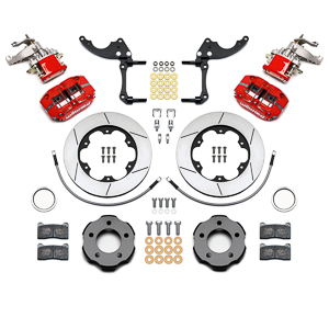 Wilwood Dynapro Radial-MC4 Rear Parking Brake Kit Parts Laid Out - Red Powder Coat Caliper - GT Slotted Rotor