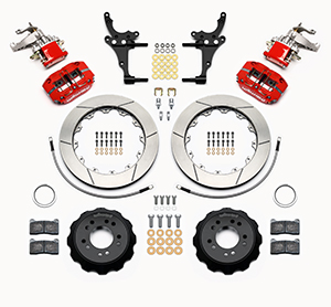 Wilwood Dynapro Radial-MC4 Rear Parking Brake Kit Parts Laid Out - Red Powder Coat Caliper - GT Slotted Rotor