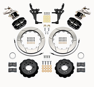Wilwood Dynapro Radial-MC4 Rear Parking Brake Kit Parts Laid Out - Black Powder Coat Caliper - GT Slotted Rotor