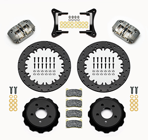 Wilwood Dynapro Radial Front Drag Brake Kit Parts Laid Out - Type III Anodize Caliper - Drilled Rotor