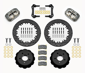 Wilwood Dynapro Radial  Rear Drag Brake Kit Parts Laid Out - Type III Ano Caliper - Drilled Rotor