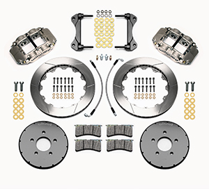 Wilwood Forged Superlite 4R Big Brake Front Brake Kit (Race) Parts Laid Out - Nickel Plate Caliper - GT Slotted Rotor