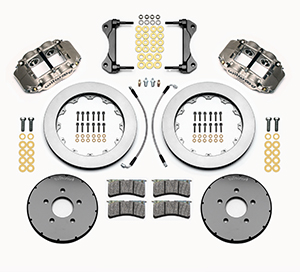 Wilwood Forged Superlite 4R Big Brake Front Brake Kit (Race) Parts Laid Out - Nickel Plate Caliper - Plain Face Rotor