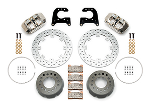 Wilwood Dynapro SA Lug Drive Dynamic Rear Drag Brake Kit Parts Laid Out - Nickel Plate Caliper - Drilled Rotor