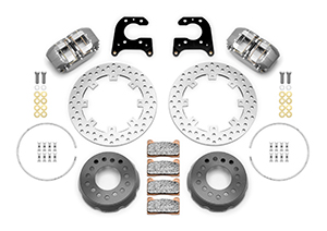 Wilwood Dynapro SA Lug Drive Dynamic Rear Drag Brake Kit Parts Laid Out - Type III Anodize Caliper - Drilled Rotor