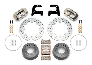 Wilwood Dynapro SA Lug Drive Dynamic Rear Drag Brake Kit Parts Laid Out - Nickel Plate Caliper - Drilled Rotor