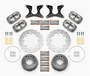 Wilwood Dynapro Dual SA Lug Drive Dynamic Rear Drag Brake Kit Parts Laid Out - Type III Anodize Caliper - Drilled Rotor