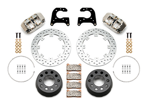 Wilwood Dynapro SA Lug Drive Dynamic Rear Drag Brake Kit Parts Laid Out - Nickel Plate Caliper - Drilled Rotor