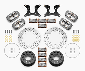 Wilwood Dynapro Dual SA Lug Drive Dynamic Rear Drag Brake Kit Parts Laid Out - Type III Anodize Caliper - Drilled Rotor