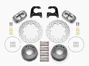 Wilwood Dynapro SA Lug Drive Dynamic Rear Drag Brake Kit Parts Laid Out - Type III Anodize Caliper - Drilled Rotor