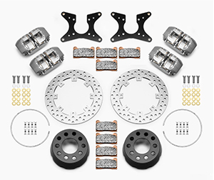 Wilwood Dynapro Dual SA Lug Drive Dynamic Rear Drag Brake Kit Parts Laid Out - Type III Anodize Caliper - Drilled Rotor