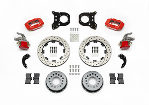 Wilwood Forged Dynalite-MC4 Rear Parking Brake Kit Parts Laid Out - Red Powder Coat Caliper - SRP Drilled & Slotted Rotor