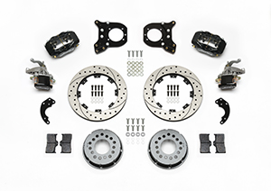 Wilwood Forged Dynalite-MC4 Rear Parking Brake Kit Parts Laid Out - Black Powder Coat Caliper - SRP Drilled & Slotted Rotor