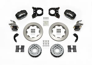 Wilwood Forged Dynalite-MC4 Rear Parking Brake Kit Parts Laid Out - Black Powder Coat Caliper - Plain Face Rotor