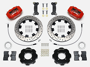 Wilwood Forged Dynalite Big Brake Front Brake Kit (Hat) Parts Laid Out - Red Powder Coat Caliper - SRP Drilled & Slotted Rotor